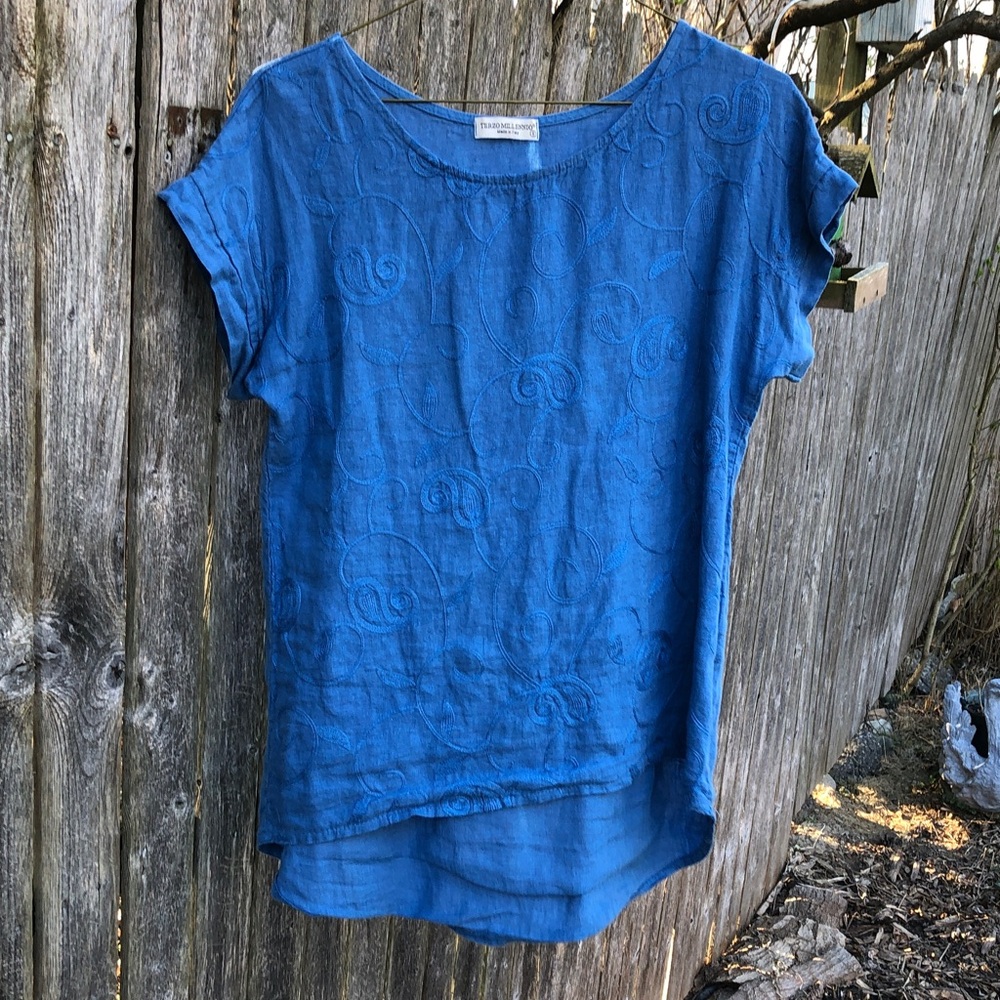 S 100% Linen Blue Embroidered Short Sleeve Top